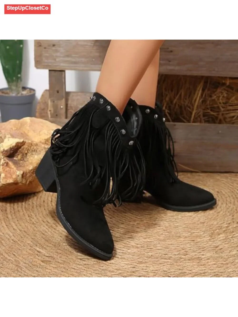 Suede Fringe Western Ankle Boots Women Studded Pointed Toe Chunky Heel Cowboy